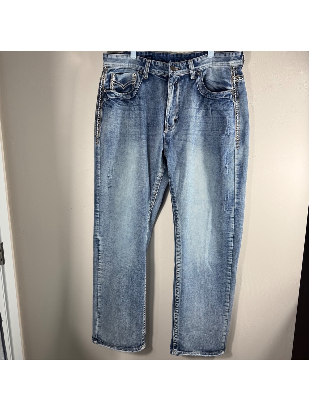 GS115 Y2K Men’s Light Wash Embroidered  Distressed Straight Leg Jeans | 38x33